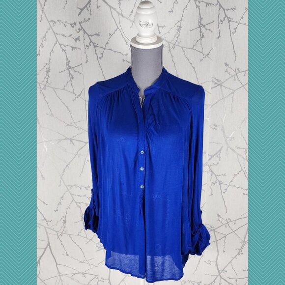 T. Babaton Royal Blue Sheer Flowy Button Front Blouse - Picture 1 of 4